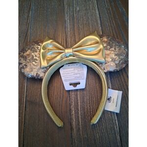 Disney Gold Sequin Minnie Mouse Ears Headband Bow Adult